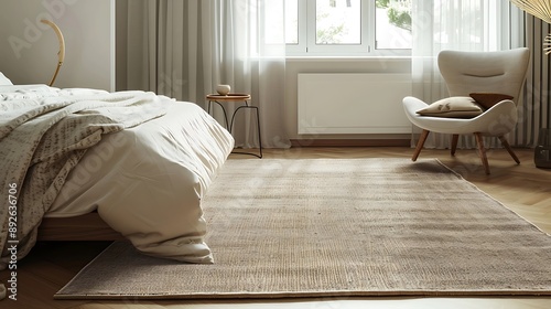 Cozy beige wool area rug in a modern bedroom, inviting home textile,