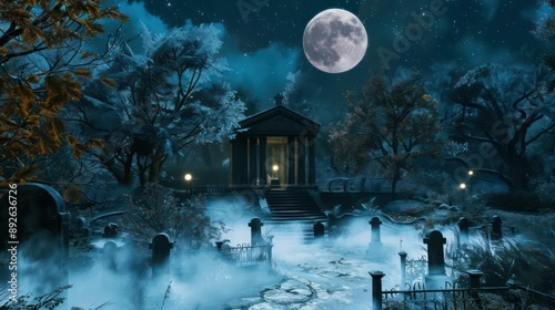 A haunted graveyard with mist flowing in and a full moon shining above, close-up