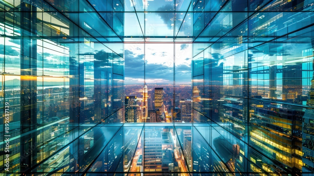Interior view through transparent glass windows of a high-rise building. Interior view through transparent glass windows of a high-rise building.