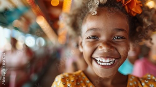 A young girl bursting with laughter, her bright and joyful expression set against the colorful and lively backdrop of an amusement park, capturing pure happiness and youthful fun. photo