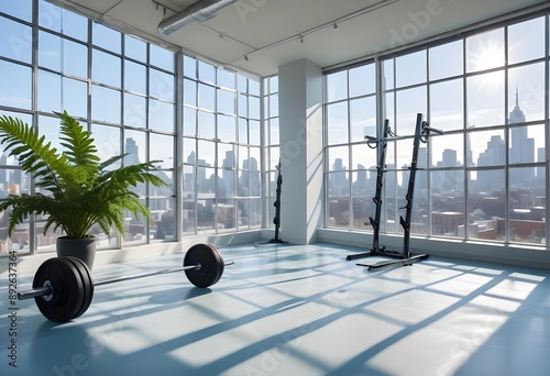 A bright gym interior featuring a barbell on the floor, with large windows allowing natural light to flood the space. A potted plant is positioned nearby, and the background shows a cityscape through  photo