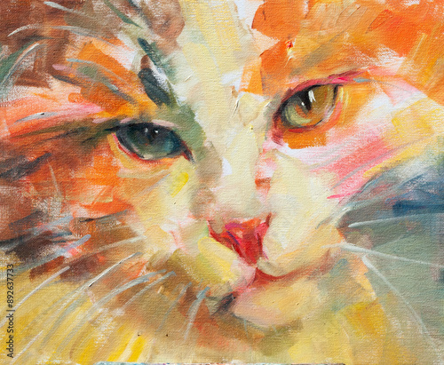 Primo piano ravvicinato di un dipinto a olio raffigurante il muso di un gatto calico con occhi dorati espressivi e pennellate vivaci nei toni dell'arancione e del giallo