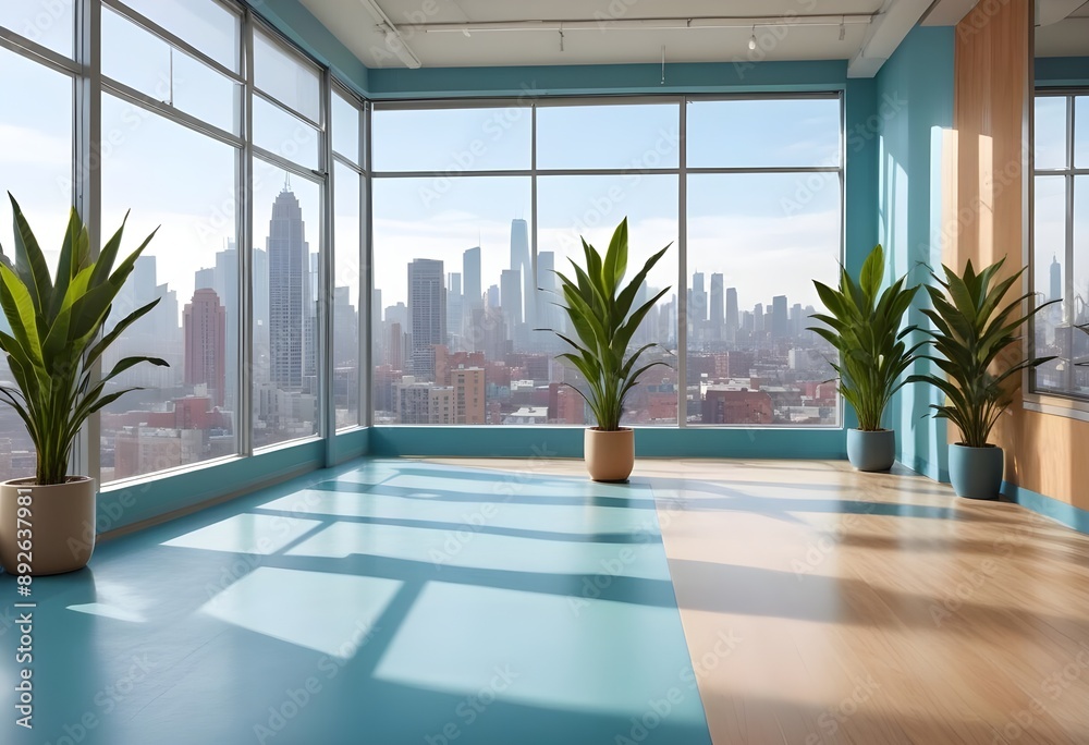 Fototapeta premium A bright gym interior featuring a barbell on the floor, with large windows allowing natural light to flood the space. A potted plant is positioned nearby, and the background shows a cityscape through 