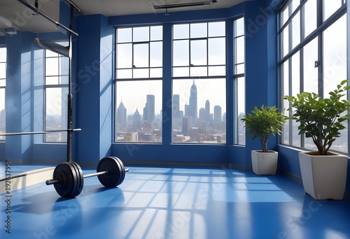 A bright gym interior featuring a barbell on the floor, with large windows allowing natural light to flood the space. A potted plant is positioned nearby, and the background shows a cityscape through  photo