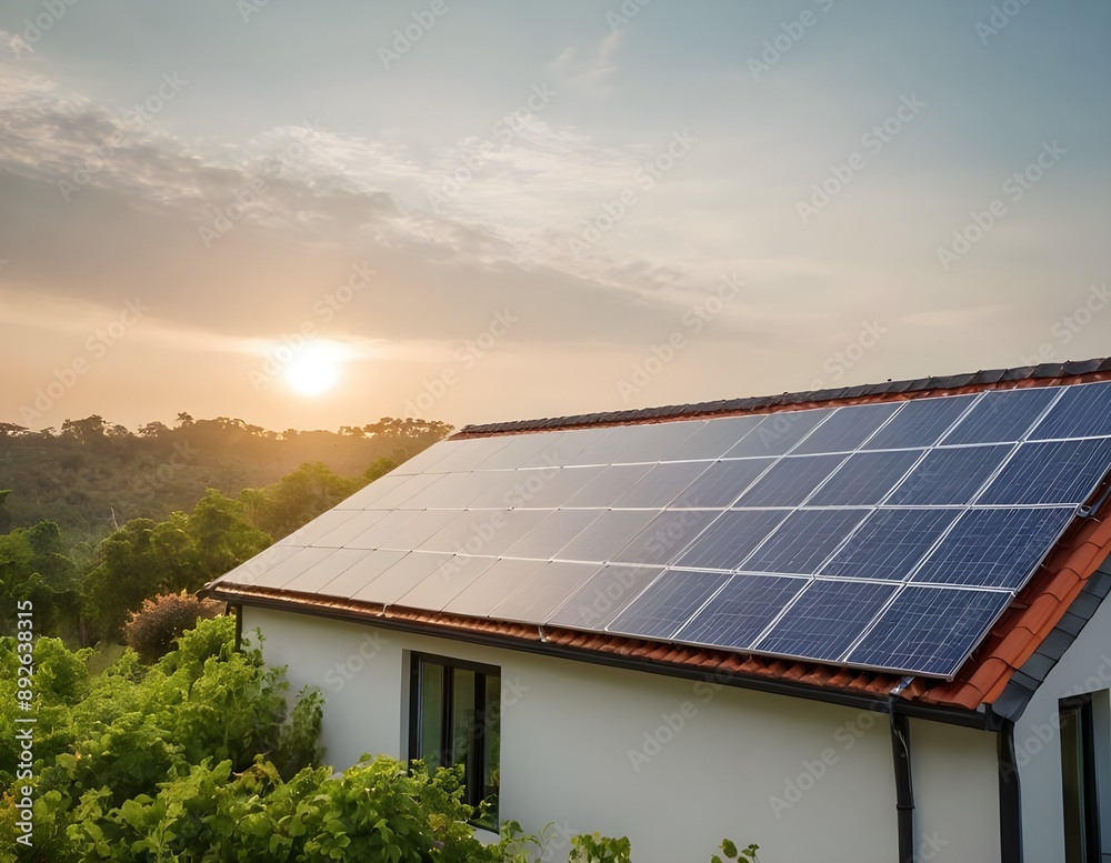 Fototapeta premium Solar Panels Installed on a Roof at Sunset in a Rural Setting, green energy, nature conservation