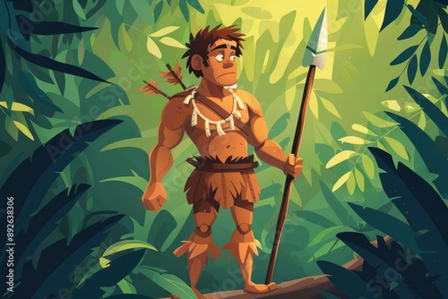 cave primitive man character with a spear photo