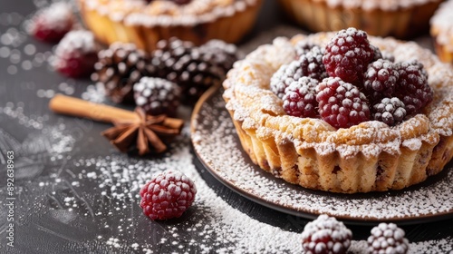 Delicious berry tarts dusted with powdered sugar sit on a dark surface, surrounded by a few berries and decorative pine cones, creating a visually appetizing dessert display.