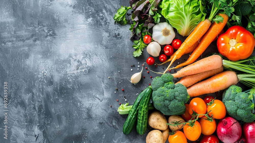 Fresh Vegetables and Herbs on Grey Background Fresh Vegetables and Herbs on Grey Background