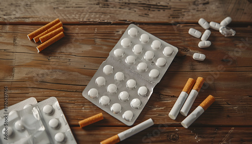 Nicotine patches and cigarettes on wooden table, flat lay photo