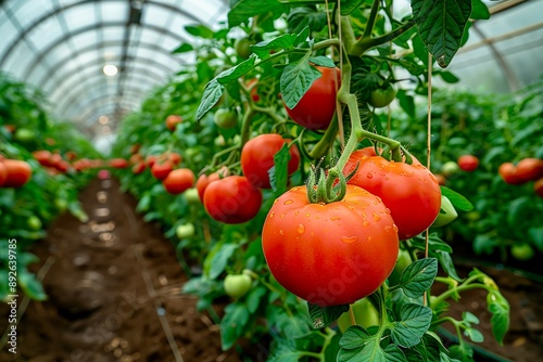 Rows of tomato plants in a large greenhouse