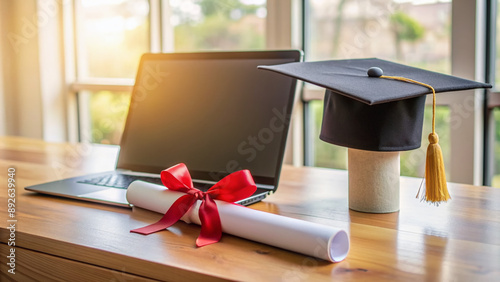 A graduation cap and diploma sit proudly on a desk in front of a computer screen displaying a virtual graduation ceremony, celebrating online achievement. photo