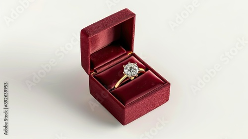 Gold ring with diamond in red velvet box, isolated on white background, ideal for luxury jewelry promotions