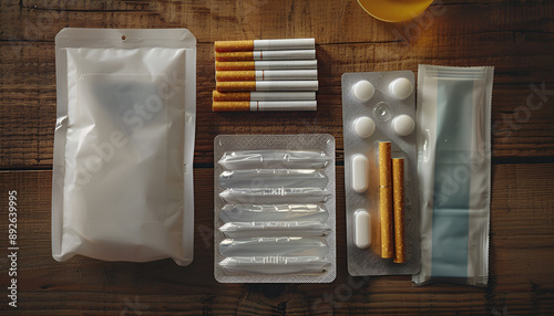 Nicotine patches and cigarettes on wooden table, flat lay photo