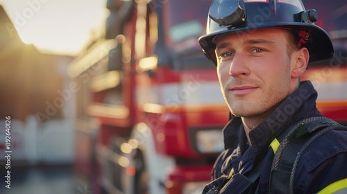 Male portrait of a firefighter in uniform, standing by a fire truck. 