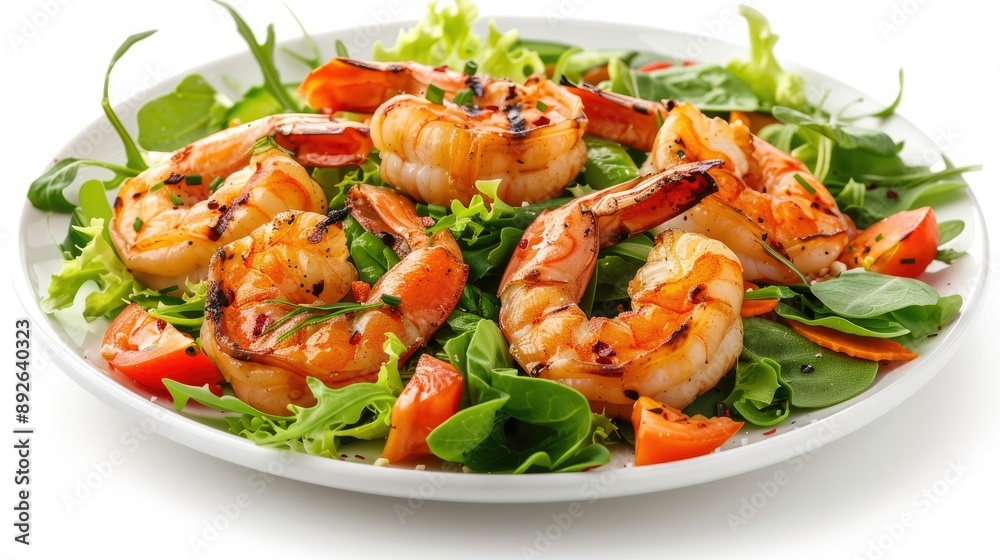 Grilled shrimp on a green salad with veggies, isolated on white background, emphasizing the freshness and healthiness of the dish Grilled shrimp on a green salad with veggies, isolated on white background, emphasizing the freshness and healthiness of the dish