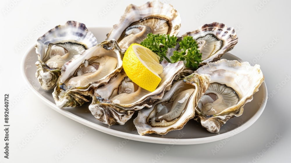 Japanese oysters, size number 1, with lemon garnish. Fresh raw seafood on a clean white background Japanese oysters, size number 1, with lemon garnish. Fresh raw seafood on a clean white background