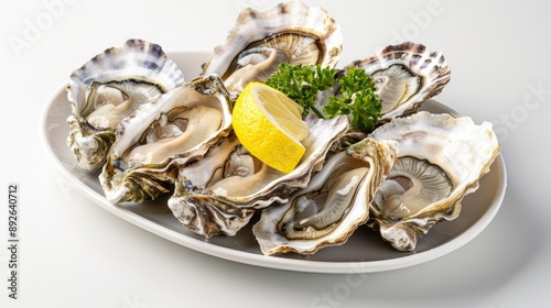 Japanese oysters, size number 1, with lemon garnish. Fresh raw seafood on a clean white background