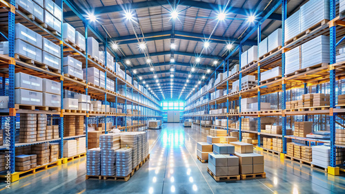 Rows of neatly stacked boxes containing various medications and pharmaceuticals fill shelves in a sprawling warehouse, illuminated by fluorescent lighting and ambient daylight.