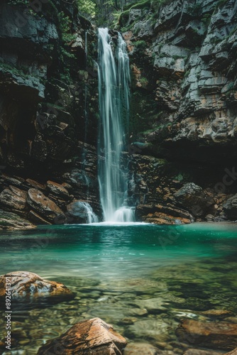 Majestic Waterfall Flowing into Crystal Clear Pool from Rocky Cliffs.