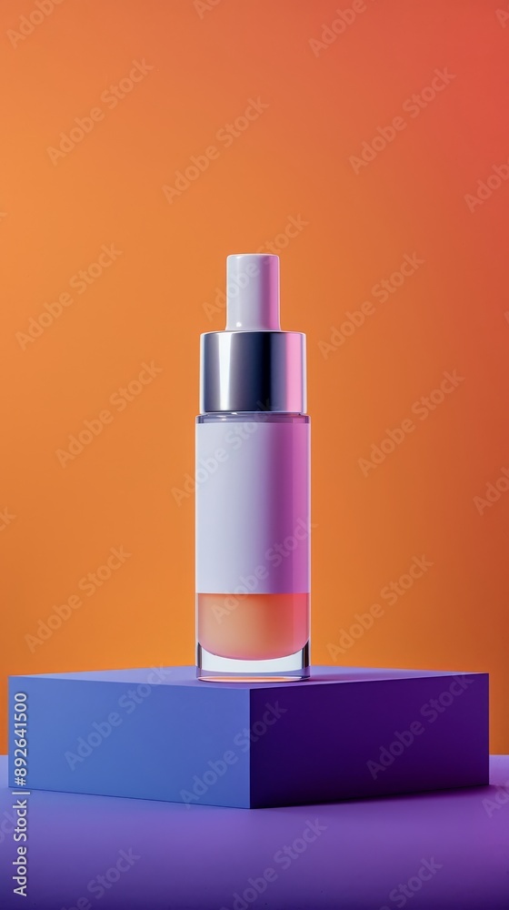 A bottle of perfume is sitting on a square platform A bottle of perfume is sitting on a square platform