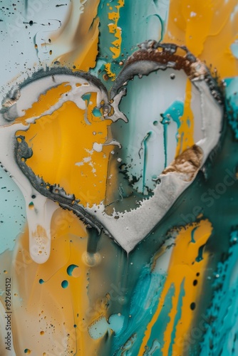 Heart painted on an abstract backgound of yellow, white and turquoise.