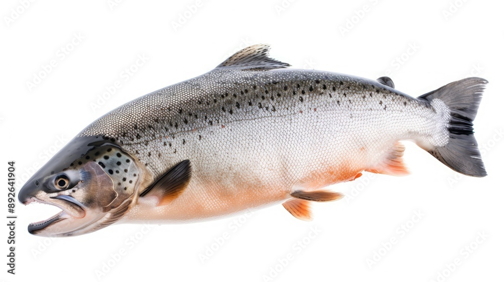 Raw salmon isolated in mid-air on a white background, highlighting its vivid color and detailed scales Raw salmon isolated in mid-air on a white background, highlighting its vivid color and detailed scales