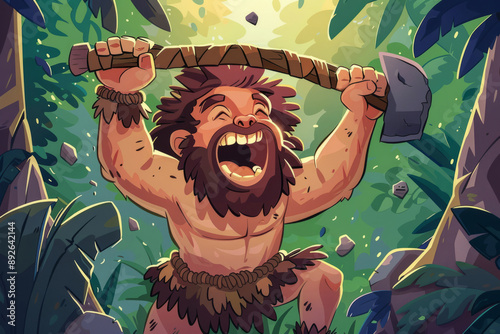 Character primitive caveman with stone ax