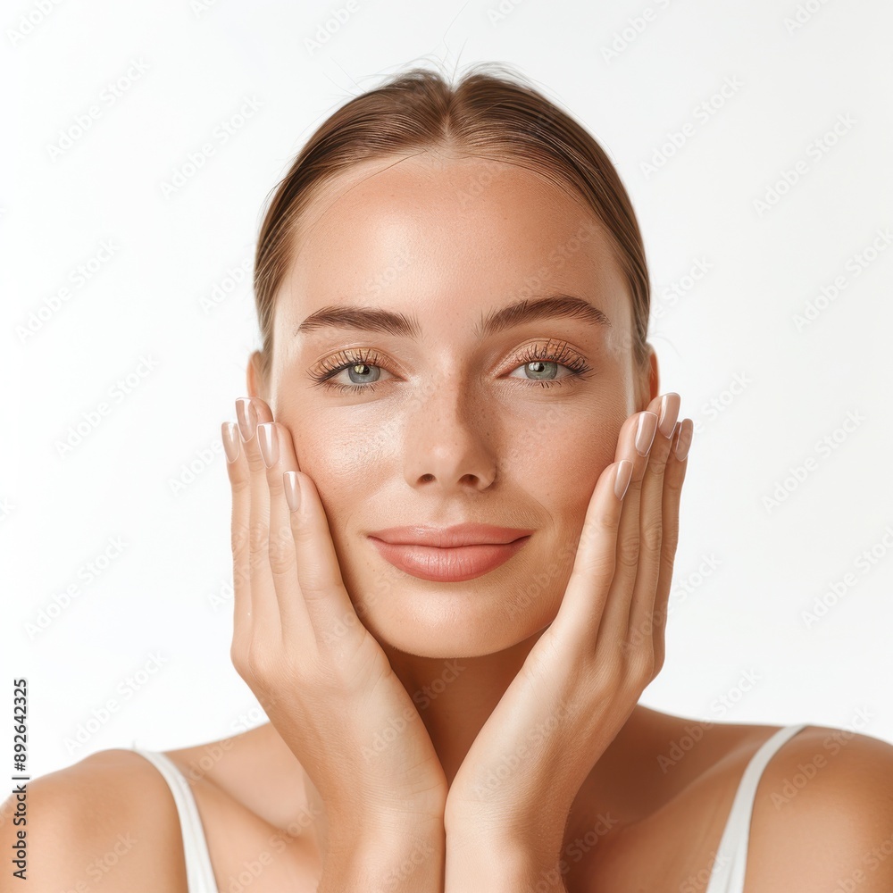 A woman in a half-body view, with visible arms, applying brightening eye makeup to make her eyes appear larger and more awake A woman in a half-body view, with visible arms, applying brightening eye makeup to make her eyes appear larger and more awake