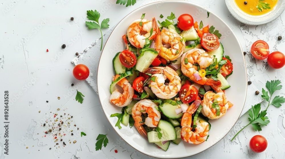 Shrimp salad on a white stone surface, emphasizing fresh seafood and vibrant colors, with clean top view Shrimp salad on a white stone surface, emphasizing fresh seafood and vibrant colors, with clean top view