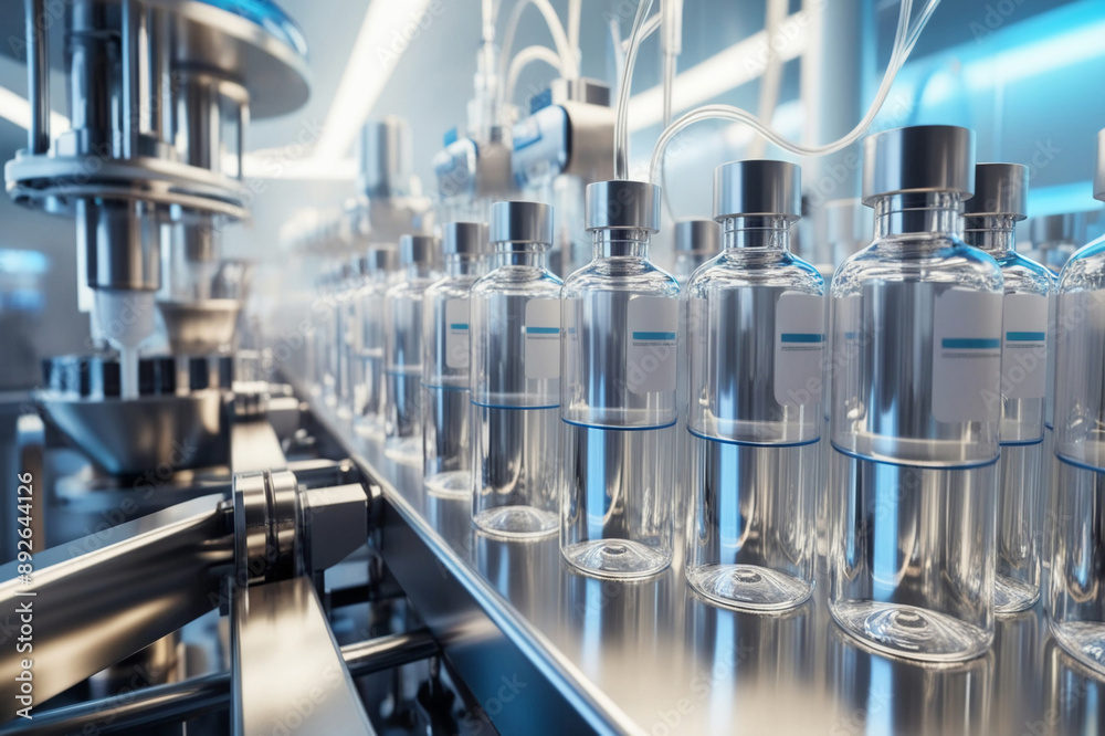 Rows of vaccine vials on a modern pharmaceutical factory production line, suitable for illustrations for articles about vaccine manufacturing, medical research and health technology.