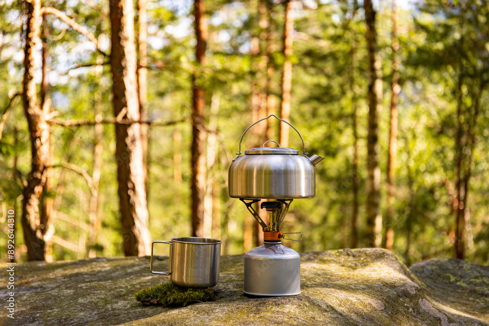 Obraz premium A kettle on the fire during a hike in the mountains.