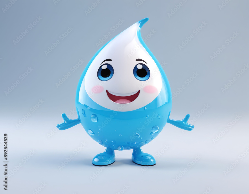 Cute cartoon water drop mascot character 3D on blue creature from transparent blue drops light background Cute cartoon water drop mascot character 3D on blue creature from transparent blue drops light background