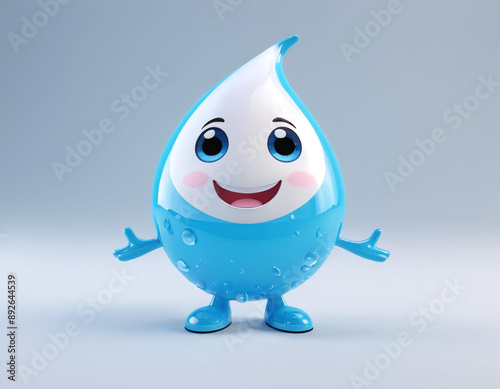 Cute cartoon water drop mascot character 3D on blue creature from transparent blue drops light background
