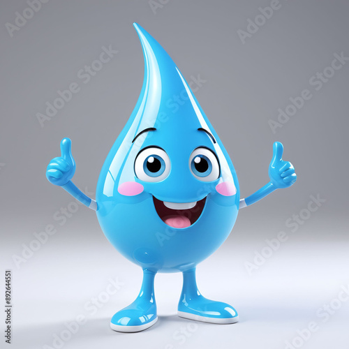 Cute cartoon water drop mascot character 3D on blue creature from transparent blue drops light background
