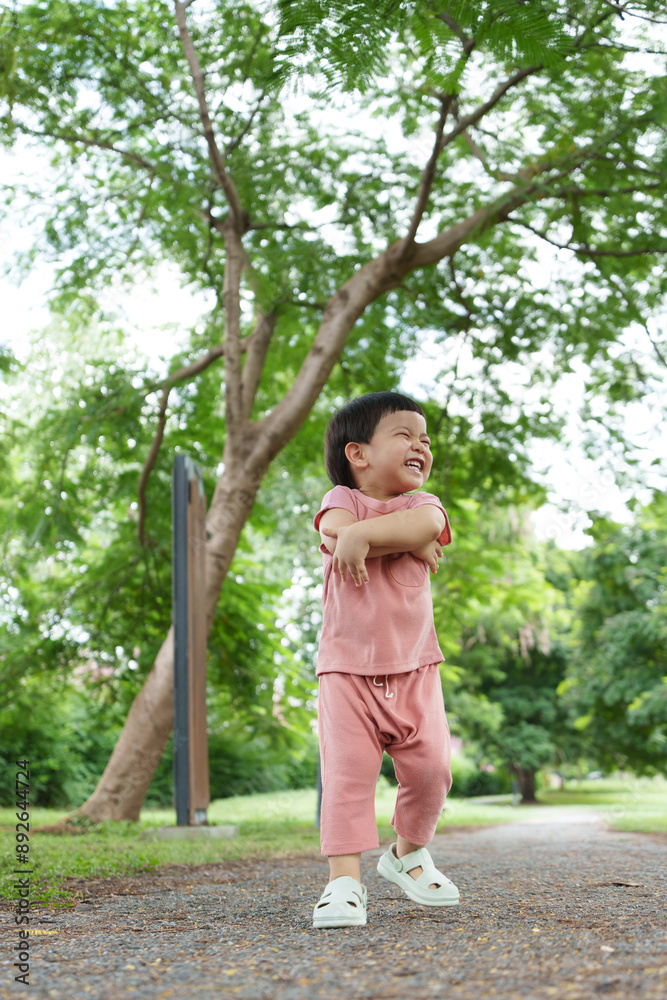 Happy little Asian boy in pink outfit laughing and crossing his arms in a park, surrounded by lush green trees, enjoying a sunny day outdoors. Happy little Asian boy in pink outfit laughing and crossing his arms in a park, surrounded by lush green trees, enjoying a sunny day outdoors.