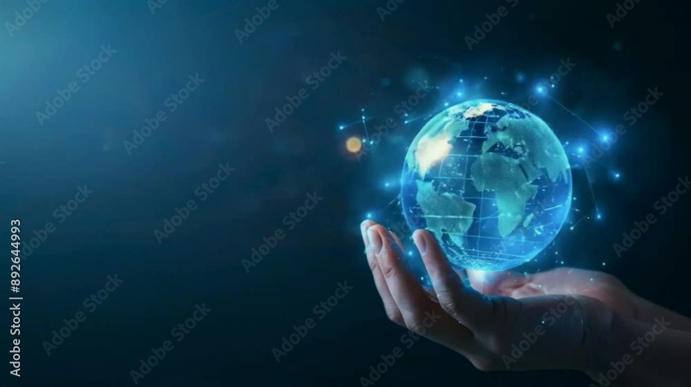 Digital Globe Held in Open Hands. A glowing blue digital globe is held ...