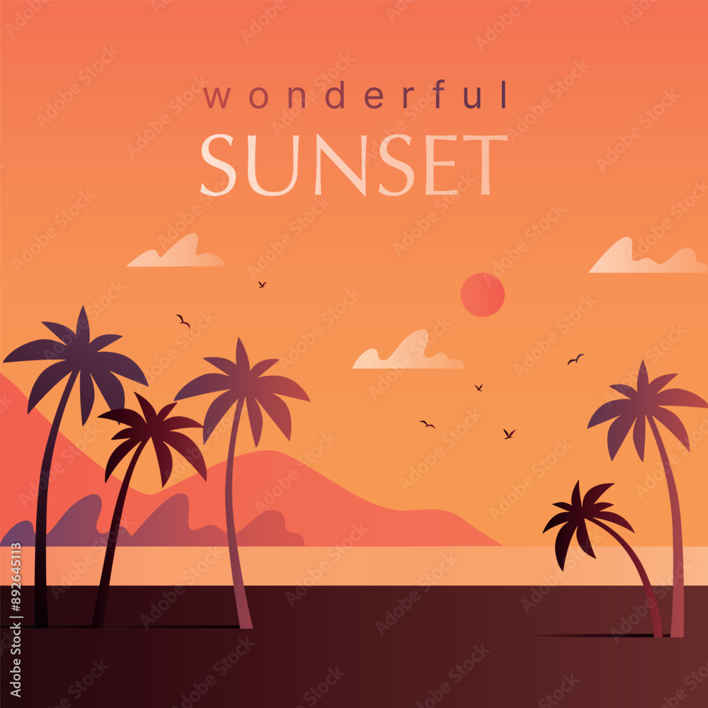 Fototapeta premium Evening on the beach with palm trees. An evening on the beach with palm trees. Colorful picture for rest. Wonderful sunset. Vector illustration