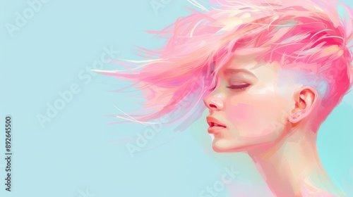 A stylish girl with pastel pink hair and a shaved side, in a bright and colorful digital painting style, highlighting her unique hairstyle