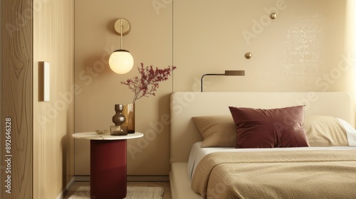 Trendy beige bedroom with maroon accents and brass fixtures, showcasing a minimalist side table and modern decor.