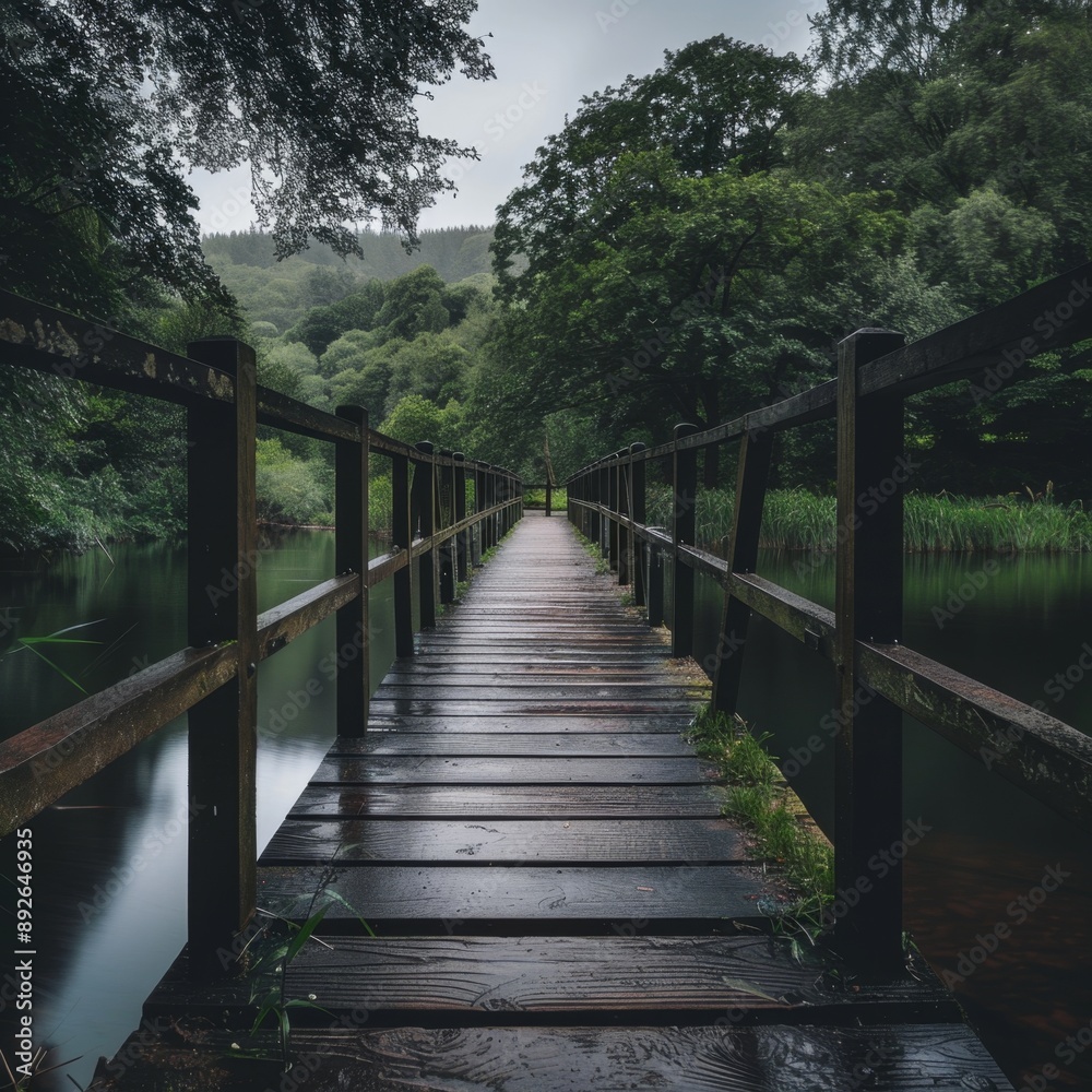 Fototapeta premium A high-quality stock image of a picturesque wooden bridge over a calm river. The scene is serene and inviting, perfect for nature lovers. AI generation.