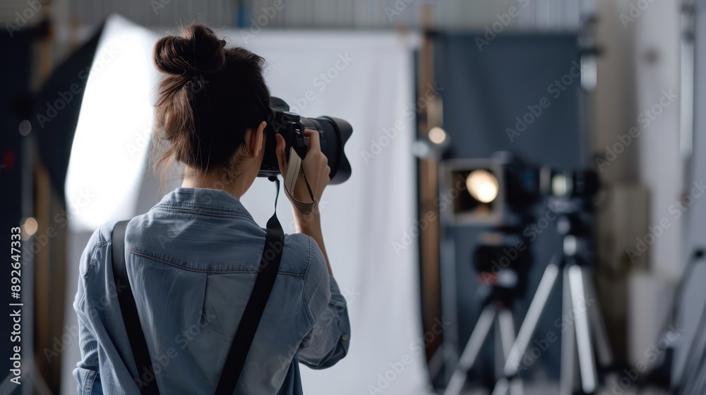Obraz premium Woman portrait of a professional photographer holding a camera in a studio.