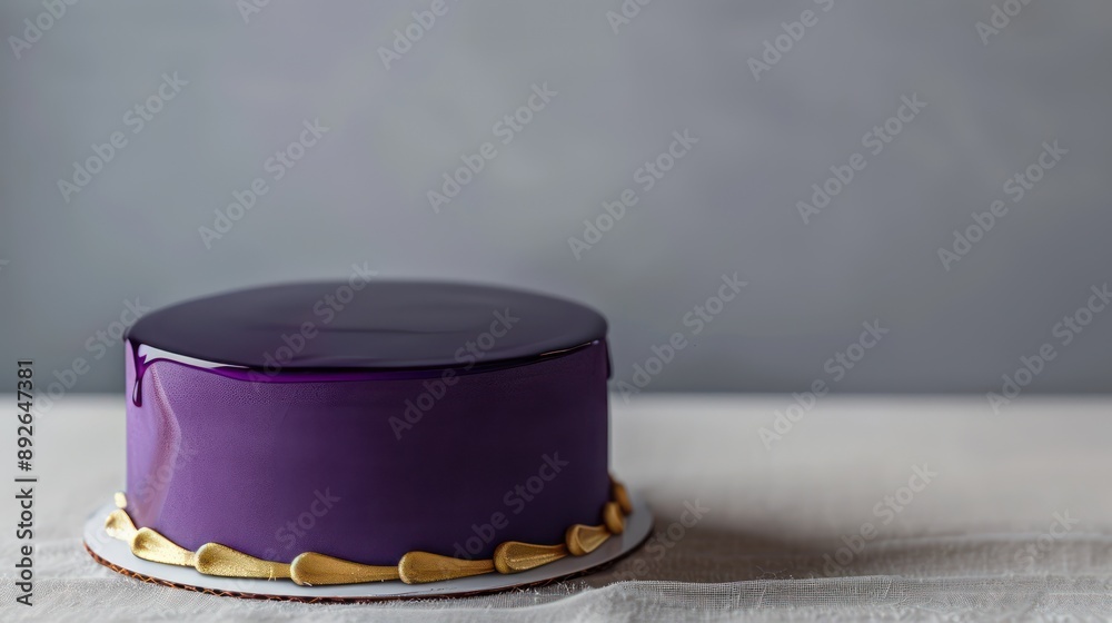 sleek cake with a deep purple finish and minimalistic gold accents, set against a soft gray background with text space sleek cake with a deep purple finish and minimalistic gold accents, set against a soft gray background with text space