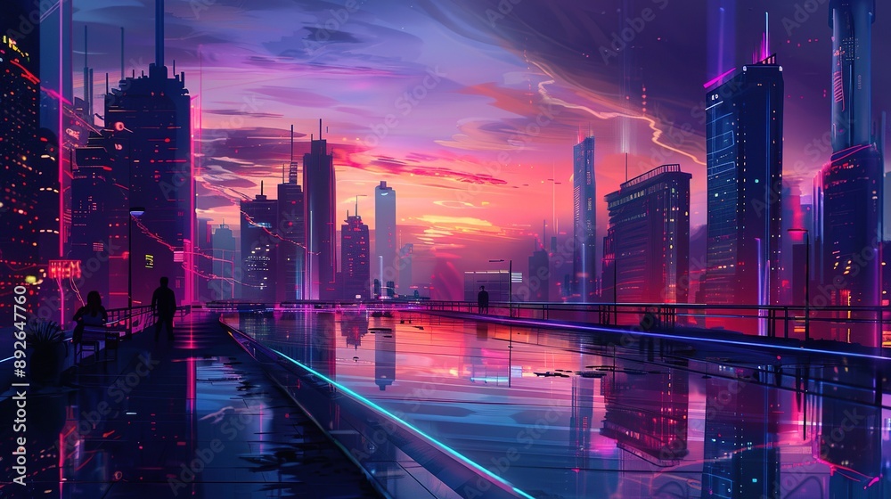 Naklejka premium Neon Cityscape at Sunset With Wet Pavement Reflections