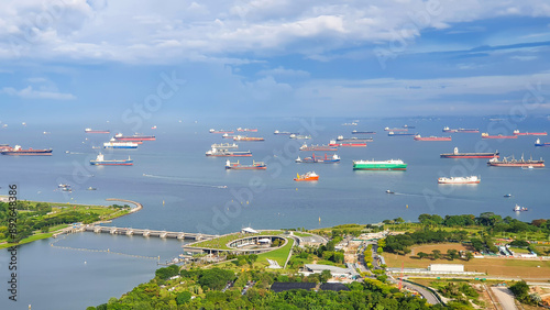 Aerial View Of Marina Barrage And Ships On The Ocean, Singapore.