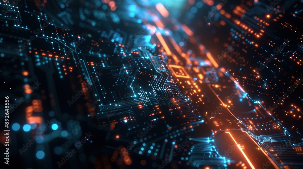 Abstract Circuit Board With Glowing Blue And Orange Lines Abstract Circuit Board With Glowing Blue And Orange Lines