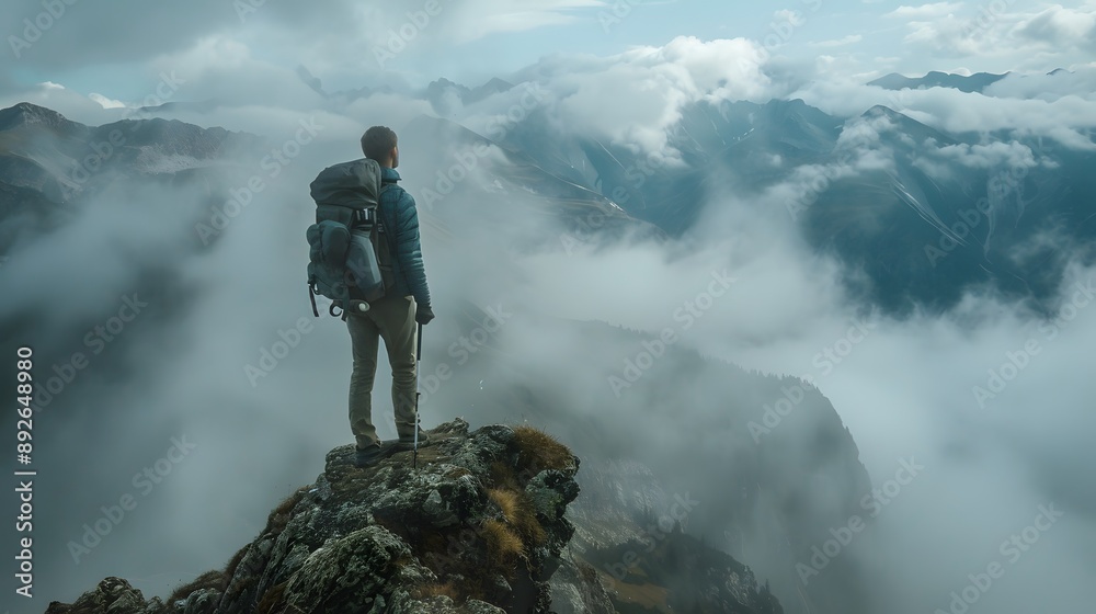 Adult male hiker sitting on rocky mountain above clouds. Adult male hiker sitting on rocky mountain above clouds.