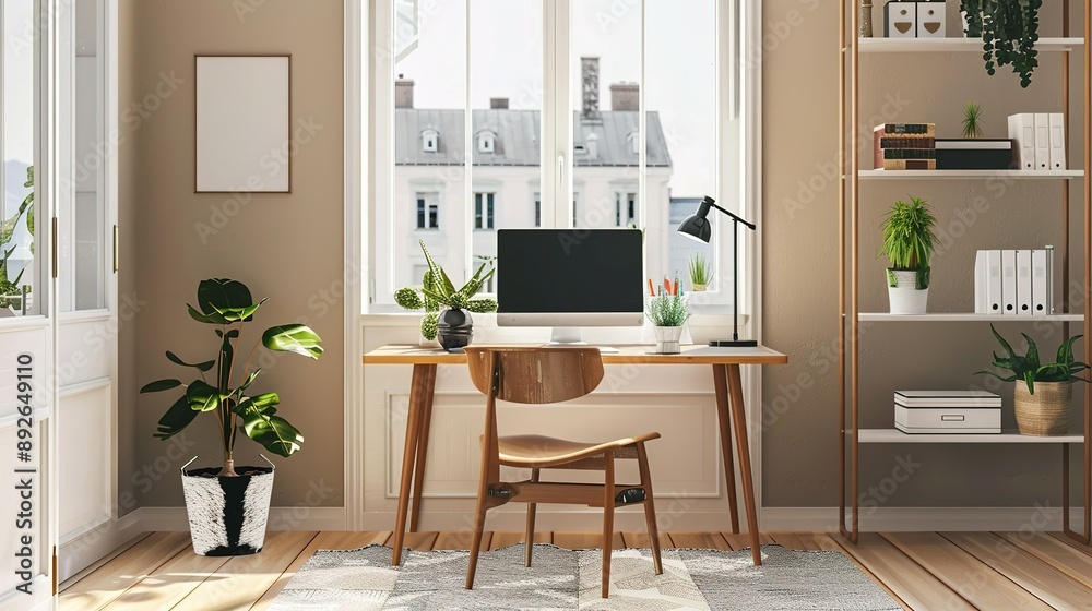 Modern Home Office Desk With Wooden Chair and Large Window Modern Home Office Desk With Wooden Chair and Large Window