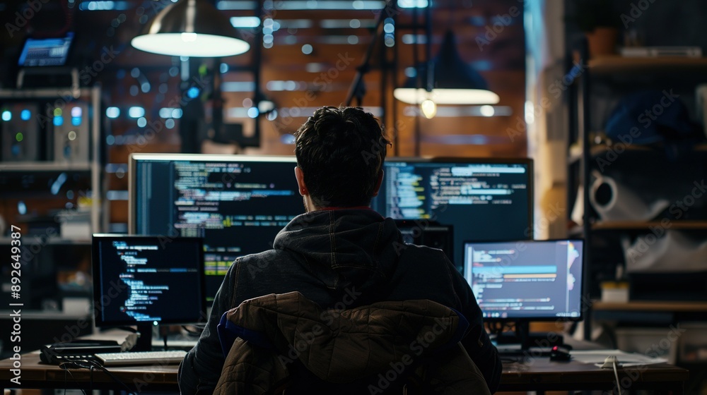 Programmer Working Late at Night on Code in Front of Multiple Monitors Programmer Working Late at Night on Code in Front of Multiple Monitors