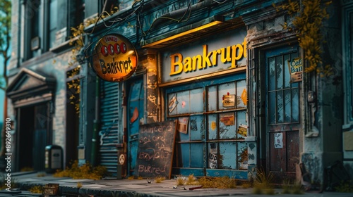 Economic Crisis Store Front Declared Bankrupt, Symbolizing Business Loss and Financial Collapse