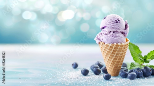 Blueberry ice cream cone with blueberries